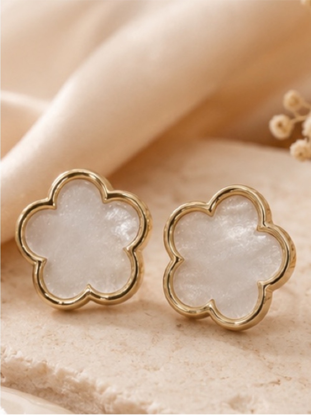 Luxe White Clover Flower Stud Earrings with Gold Trim